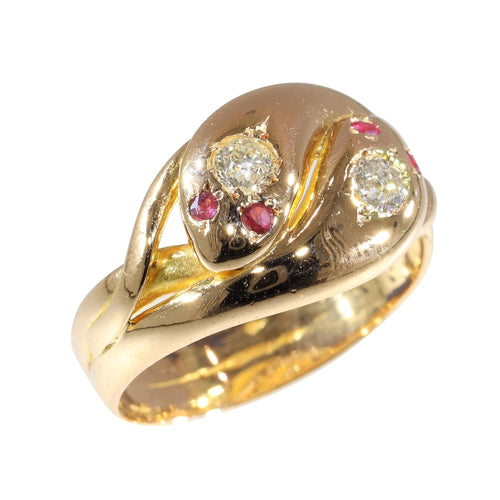 Bague 53 Bague double serpent de l'époque victorienne : un symbole d'éternité avec diamants et rubis 58 Facettes 24292-0131