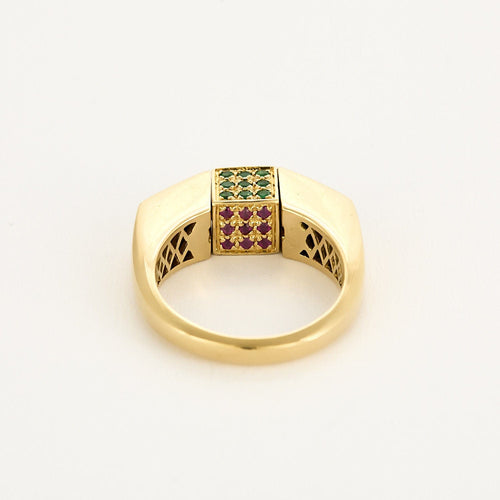 Bague 62 Bague en or jaune et centre pivotant serti de diamants, rubis, émeraudes et saphirs 58 Facettes