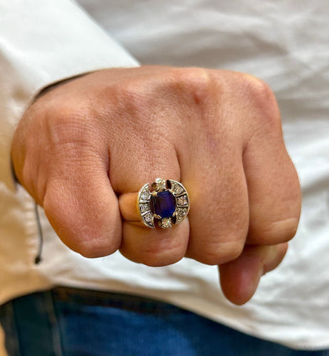 Bague 58 Bague ancienne en or et argent , saphir de Siam et diamants 58 Facettes