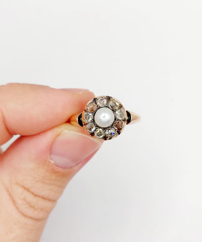 Bague 55 Bague marguerite antique en or rose 18k avec perle et diamants taille roses 58 Facettes A06463