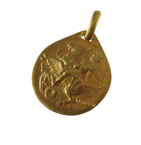 Rasumny - Médaille pendentif Art Nouveau biface Saint Georges en or jaune 18k