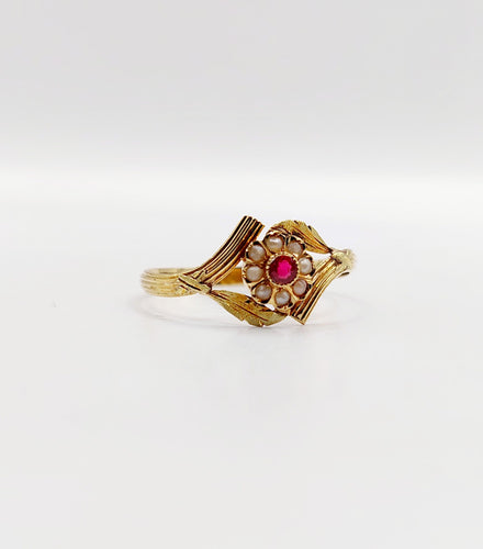 Bague 60 Bague fleur Art nouveau en or 18k, pierre rouge et perles (circa 1900) 58 Facettes A06426