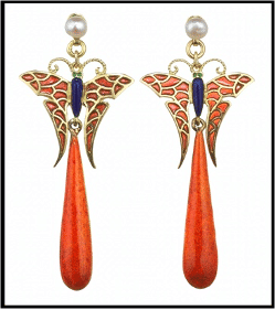 Boucles d'oreilles papillon Art Nouveau en or jaune, émail et perles