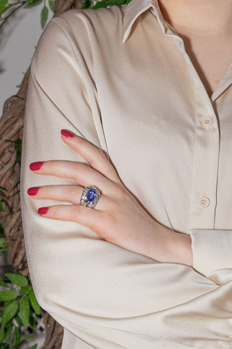 Bague 51 Bague Cocktail Or blanc Tanzanite, Diamant 58 Facettes 3411145CN