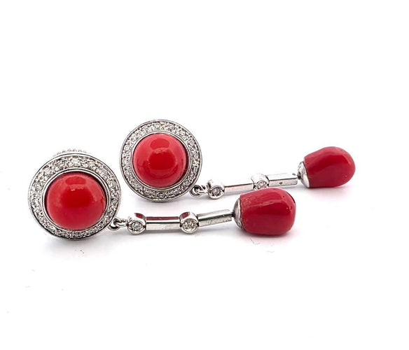 Boucles d'oreilles Superbes boucles d'oreilles en or blanc 18 carats avec corail et diamants 58 Facettes