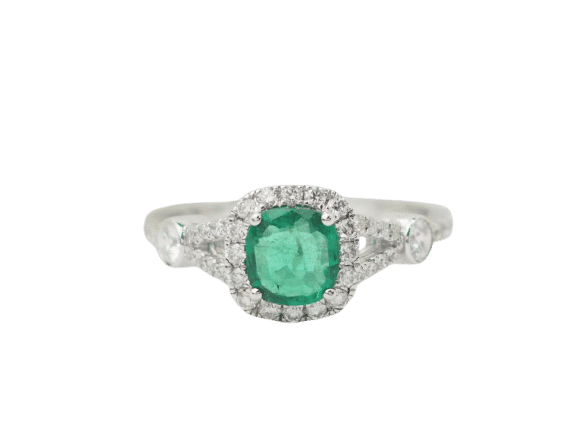 Bague 53 Bague entourage en or blanc, émeraude 0.61ct et diamants 58 Facettes 33176