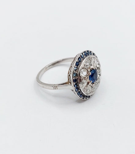 Bague 51 Bague cible art déco en platine, saphir et diamants taille ancienne 58 Facettes A06489