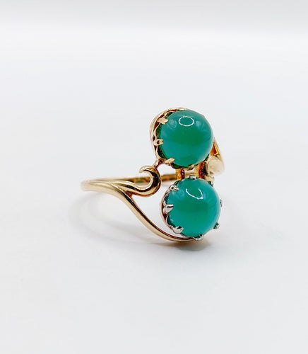 Bague 53 Bague toi et moi vintage or jaune cabochons de chrysoprases 58 Facettes A05751