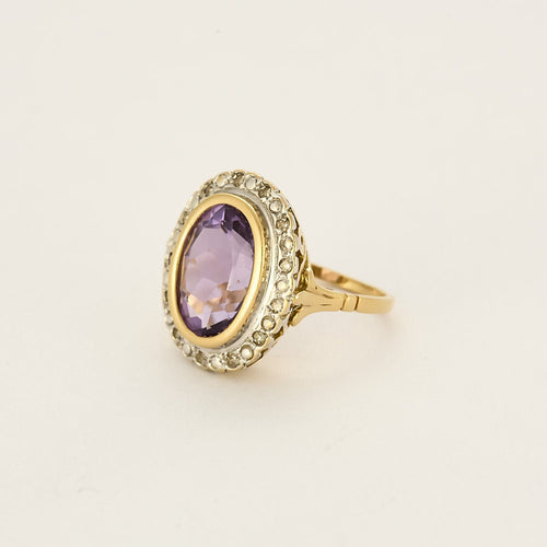 Bague 49,5 Bague pompadour en or jaune, blanc, améthyste et diamants 58 Facettes CAS0213