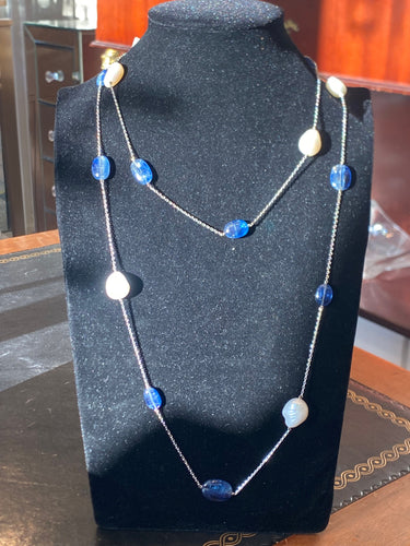 Collier Long sautoir Técla or blanc, perles et saphirs 58 Facettes