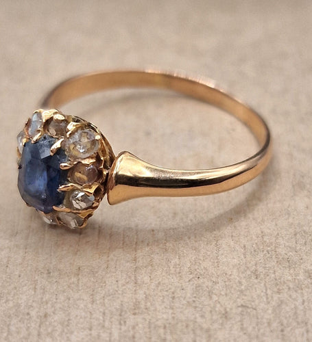 Bague Bague cluster ancienne en or jaune 18k avec saphir et diamants 58 Facettes