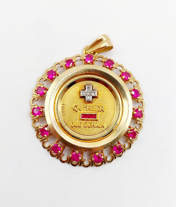 XXL Pendentif médaille d'amour Augis 33 mm or jaune diamant rubis hier demain