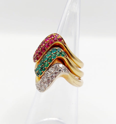 Bague 49 Trilogie de Bagues jonc vintage or ornée d'un pavé diamants, émeraude et rubis 58 Facettes A04056-7-8