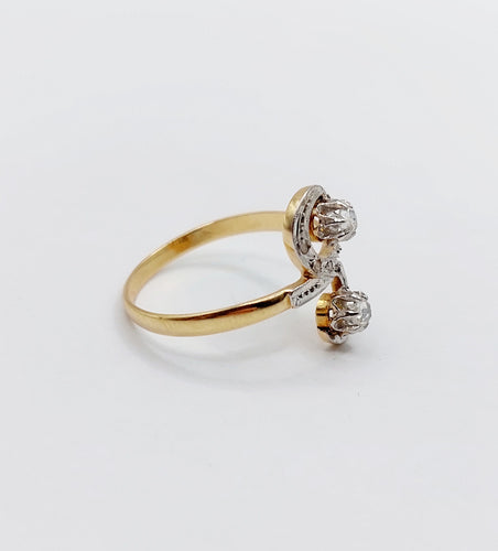 Bague 58.5 Bague marquise antique toi et moi en or 18k et platine, diamants taille roses 58 Facettes A06514