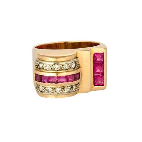Bague 54 Bague Tank or jaune et gris, rubis et diamants 58 Facettes MEA4439