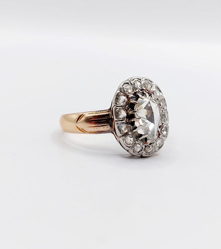 Bague marguerite victorienne or rose 18k diamant poire 0.60 carat (circa 1880)