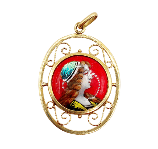 Pendentif Pendentif art nouveau plaque émaillée jeune fille en or 18k Limoges 58 Facettes A06401