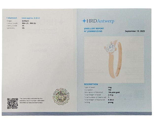 Bague 51 Bague solitaire avec diamant certifié HRD de 0,30 ct en or rose 58 Facettes E30