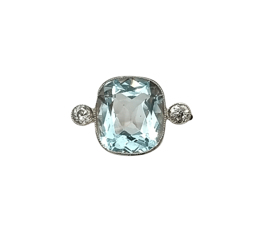 Bague 54 Bague vintage aigue-marine coussin et diamants en or rose 18k 58 Facettes