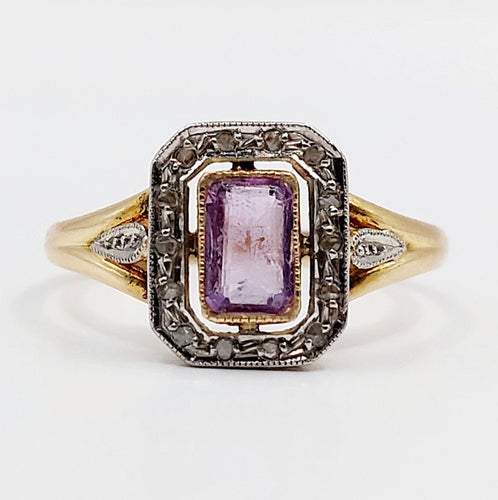 Bague 55 Bague pompadour or jaune, platine, améthyste et diamants taille rose (circa 1910) 58 Facettes A05298