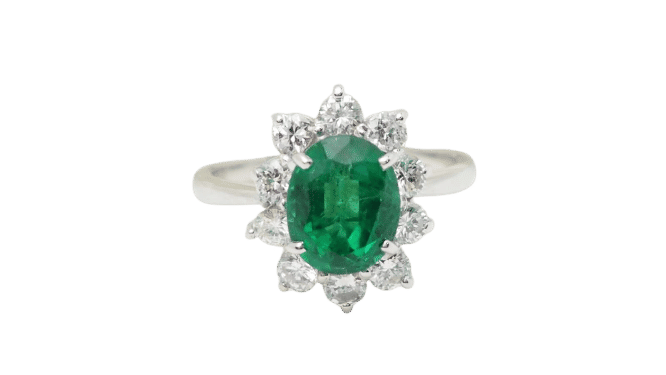 Bague 53 Bague entourage en or blanc, émeraude de Zambie et diamants 58 Facettes 32690