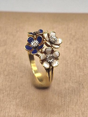 Bague 54 Bague vintage en or jaune et émail, motif bouquet de fleurs 58 Facettes