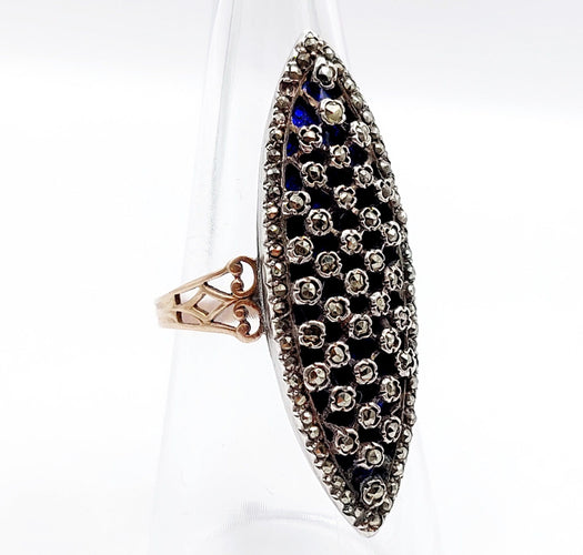 Bague 55.5 Bague marquise « Au firmament » en or rose 18K, émail bleu et marcassite 58 Facettes A06380