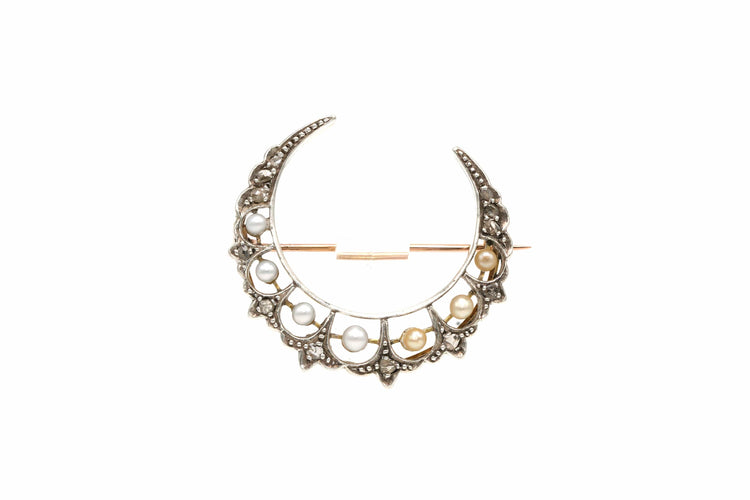 Broche Broche Napoléon III en or jaune 18 carats et argent sertie de perles et de diamants "taille" rose 58 Facettes B513