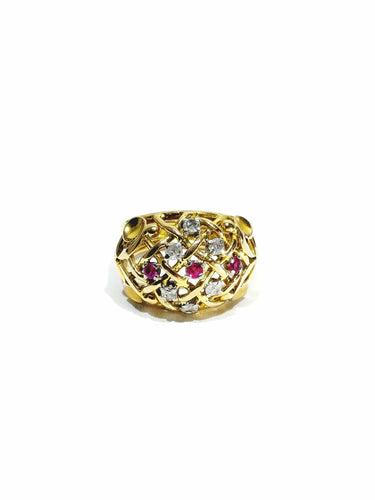 Bague 54 Bague ajourée en or champagne 18 carats avec diamants et rubis synthétiques 58 Facettes