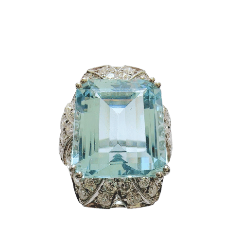 Bague de style Art déco en platine avec aigue-marine centrale et diamants