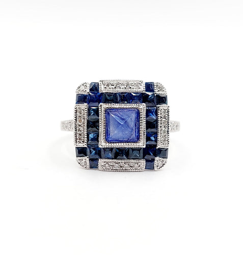 Bague Art Déco Platine, saphir pain de sucre et diamants, Branar Paris 58 Facettes A06224