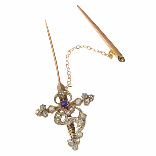 Broche Broche vintage en forme d'épée sertie de diamants et d'un saphir 58 Facettes 21309-0733