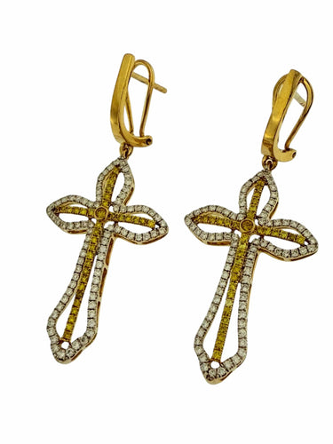 Boucles d'oreilles Boucles d'oreilles croix en or jaune, diamants blancs et jaunes naturels 58 Facettes