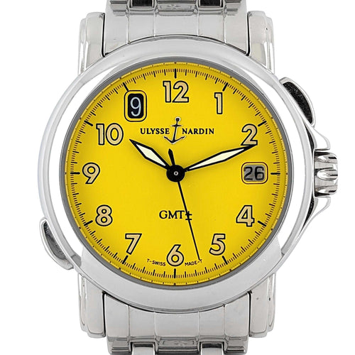 Montre Ulysse Nardin San Marco GMT + Dual Time Date 203-22 Stainless Steel Yellow Dial Automatic 58 Facettes
