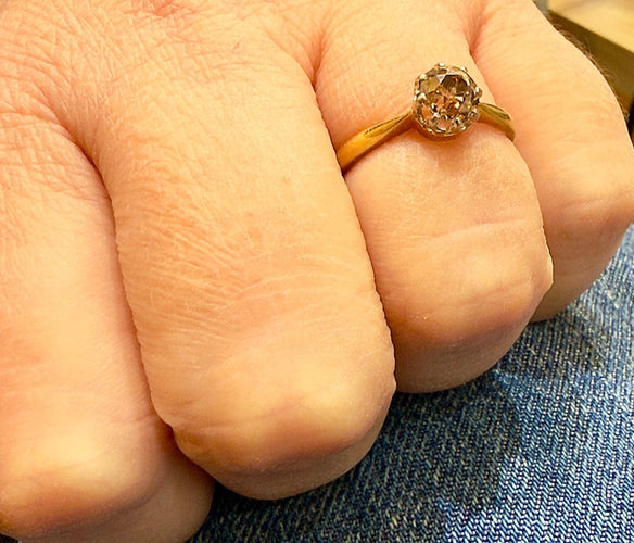 Bague 55.5 Bague ancienne solitaire or et platine diamant brun 58 Facettes