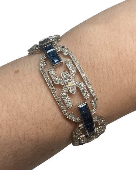 Bracelet articulé art déco platine, or, diamants, saphirs