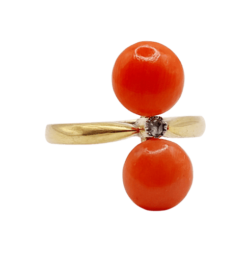 Bague 53.5 Bague marquise Art Déco or jaune, cabochons de corail et diamant taille rose 58 Facettes A06350