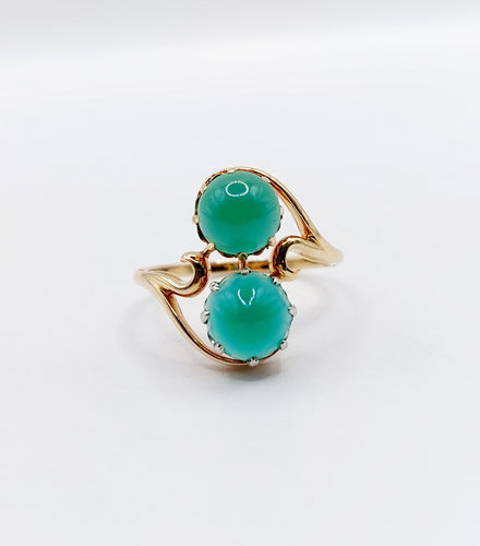 Bague 53 Bague toi et moi vintage or jaune cabochons de chrysoprases 58 Facettes A05751