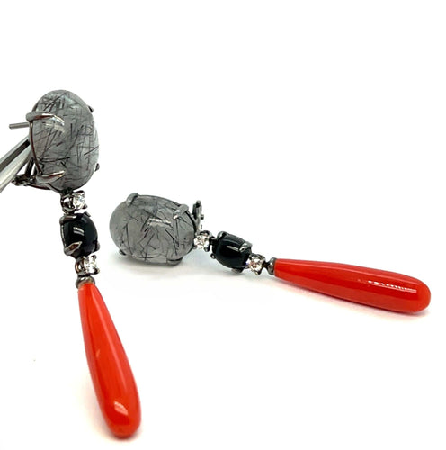 Boucles d'oreilles Boucles d’oreilles en Or Noir, Quartz, Tourmaline, Agate et Diamants 58 Facettes