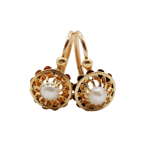 Boucles d'oreilles Dormeuses fleurs antiques en or 18k et perles (circa 1900) 58 Facettes A06493