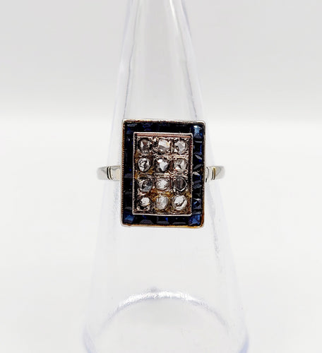 Bague marquise art deco or blanc 18k diamants et saphirs calibrés (circa 1920)