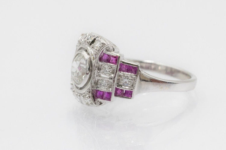 Bague Art Déco géométrique en or blanc 14k avec diamants et rubis