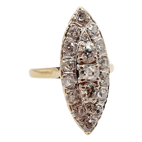Bague 55.5 Bague marquise antique en or 18k et platine, diamants taille ancienne 1,75 ct 58 Facettes A06464