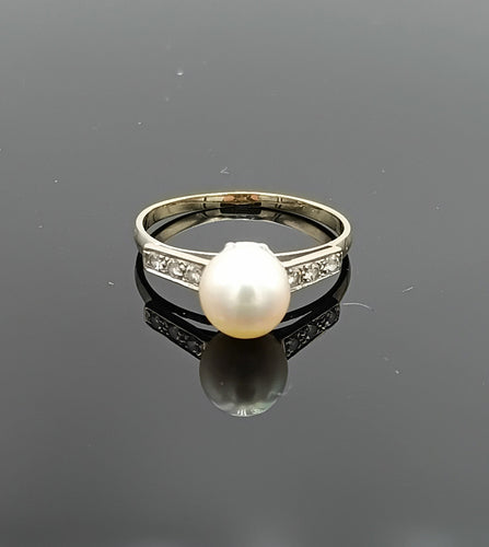 Bague 55 Bague vintage - Bague en or gris 18k, perle de culture et diamants 58 Facettes