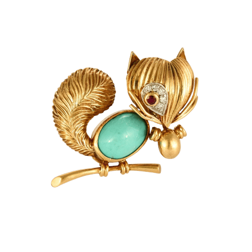 Broche Van Cleef & Arpels  Rare Broche animalière à décor d'Ecureuil en platine et or jaune, diamants, rubis et cabochon de turquoise. 58 Facettes HOU5762