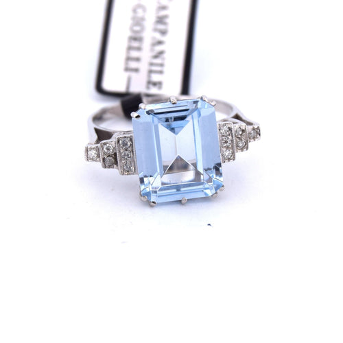 Bague 56 Bague Art Déco en or blanc avec aigue-marine et diamants 58 Facettes
