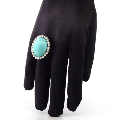 Bague 54 Bague vintage en or blanc 18 carats ornée d'une turquoise cabochon et de diamants 58 Facettes