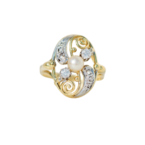 Antiker Jugendstil-Ring mit Perle & Diamanten aus 585er Gelb-/ Weißgold