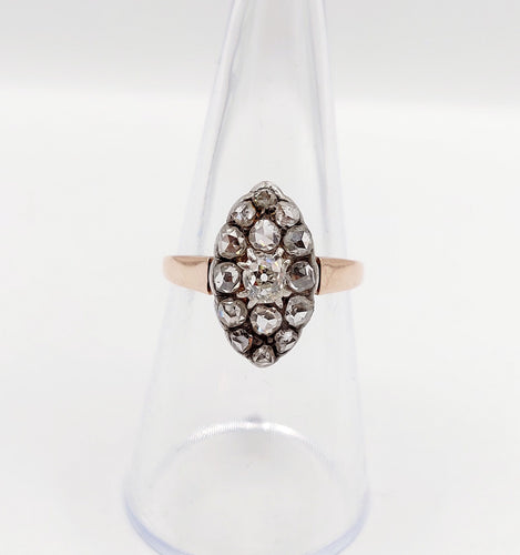 Bague 54 Bague marquise antique en or rose 18k et argent, diamant et diamants roses 58 Facettes A06417