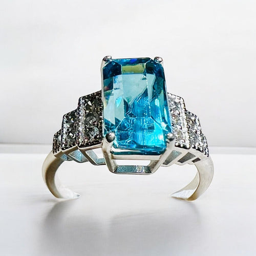 Bague 54 Bague or blanc Zyrcon Bleu naturel 4.60 carats  et diamants 58 Facettes 7849 A